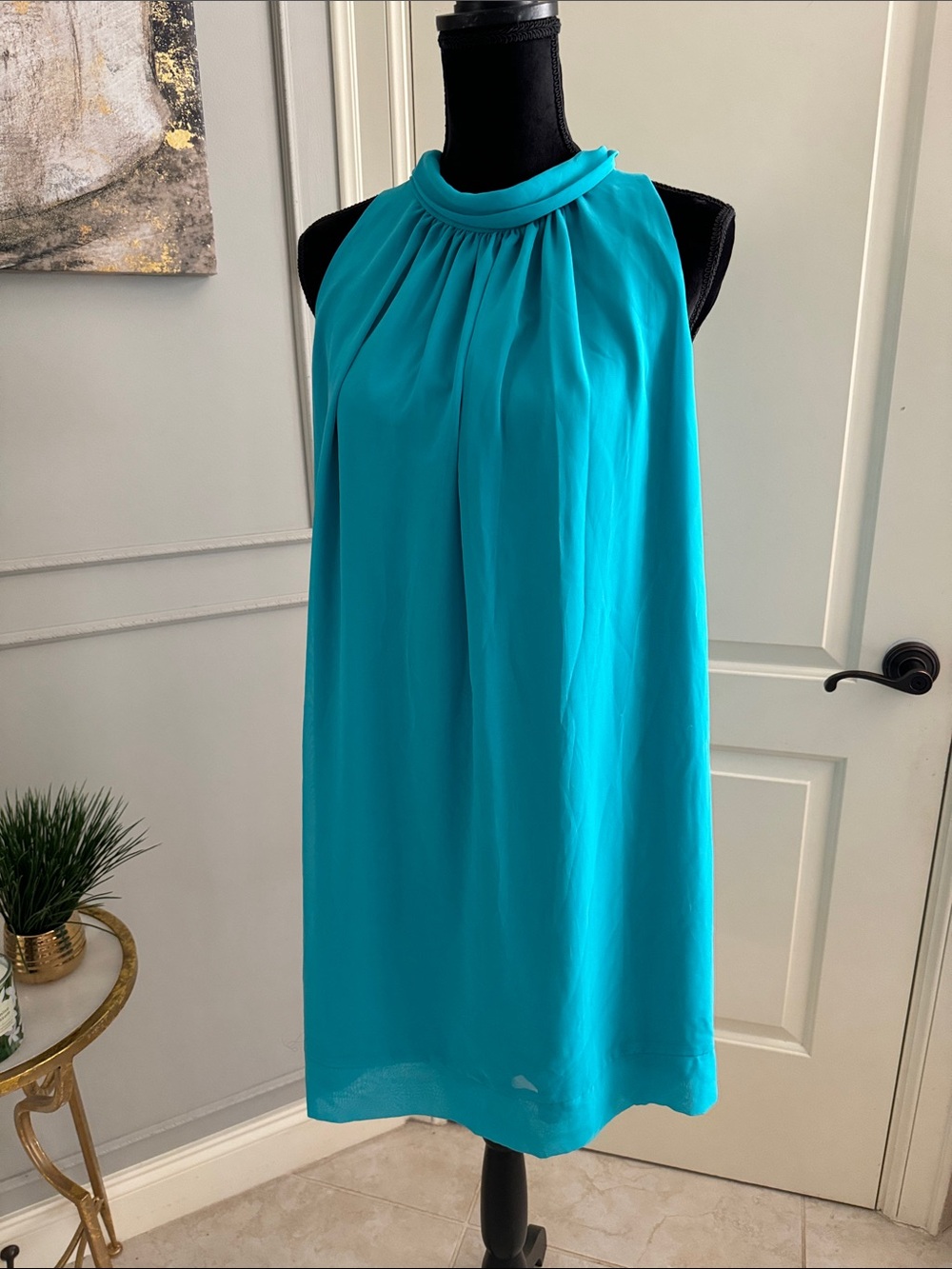 Sleeveless Gathered Neck Shift Dress - Turquoise from New York and Company